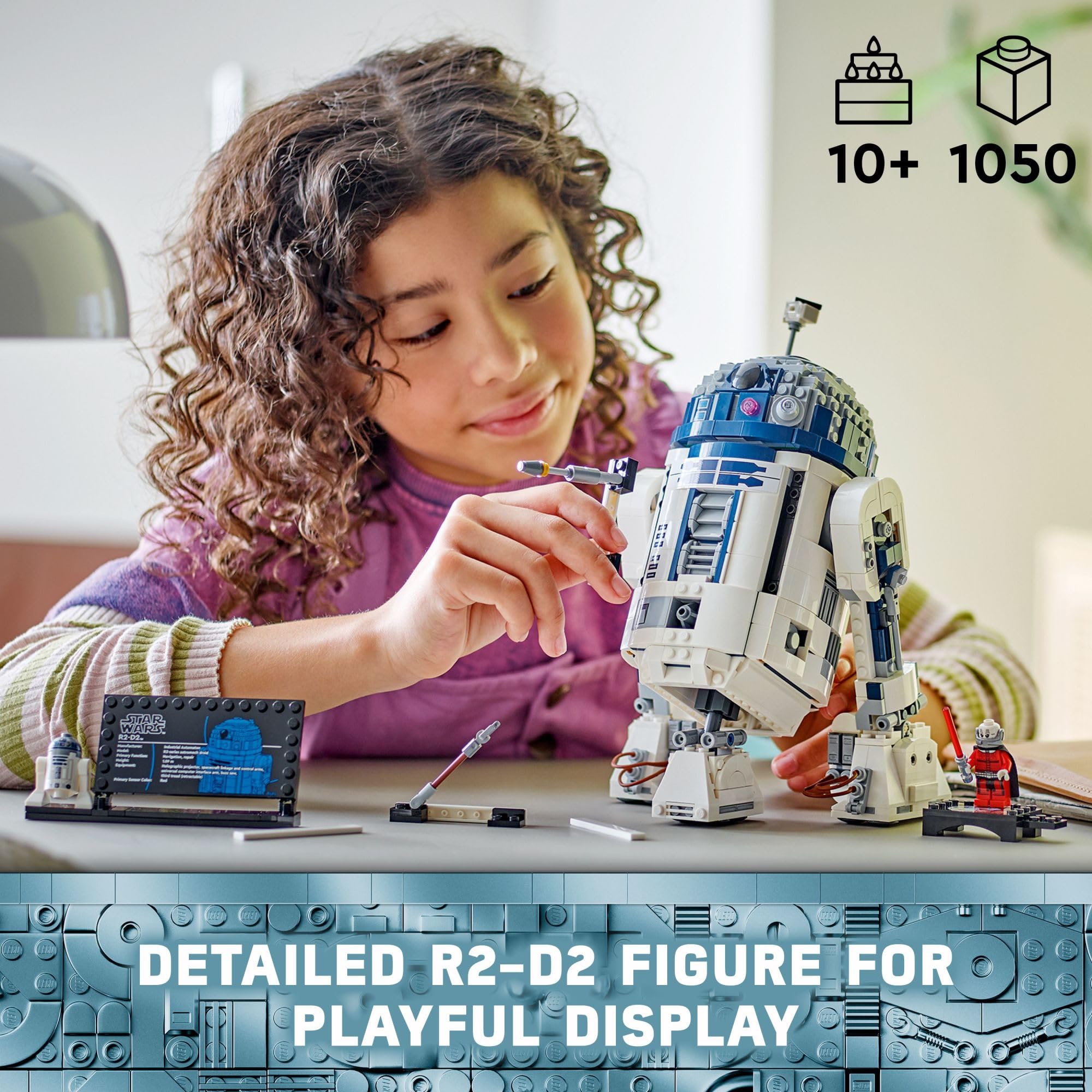 LEGO R2-D2 with 360-degree head rotation for dynamic posing.