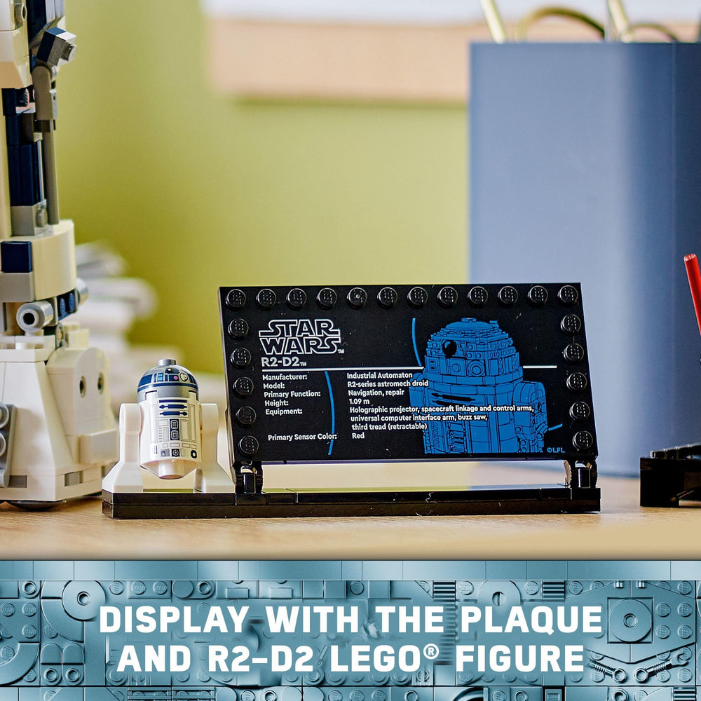 LEGO R2-D2 information plaque and display stand for collection.