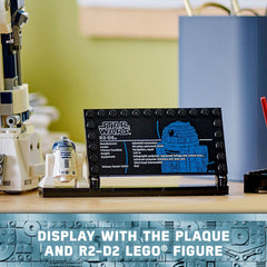 LEGO R2-D2 information plaque and display stand for collection.