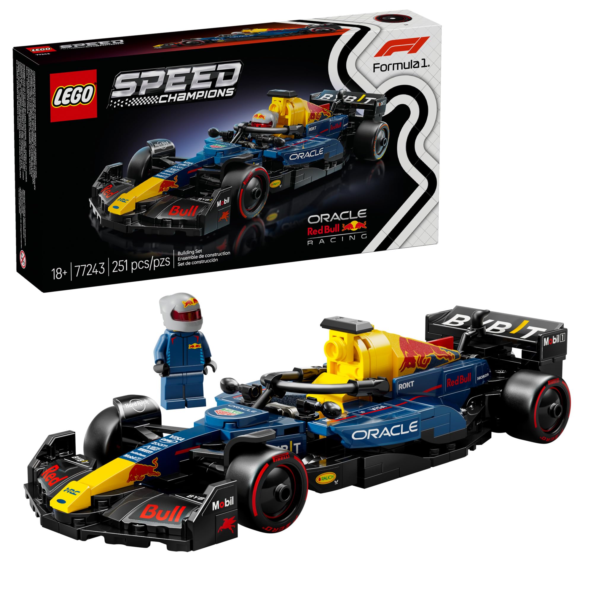 LEGO Oracle Red Bull Racing RB20 front profile showcasing aerodynamic design and livery for display appeal