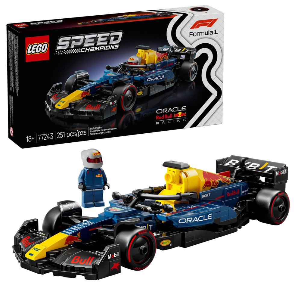 LEGO Oracle Red Bull Racing RB20 front profile showcasing aerodynamic design and livery for display appeal