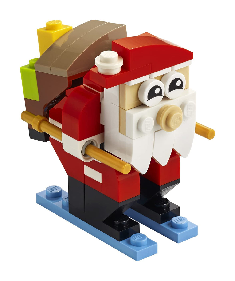 LEGO Santa Claus skiing with sack, ideal for festive display and holiday storytelling.