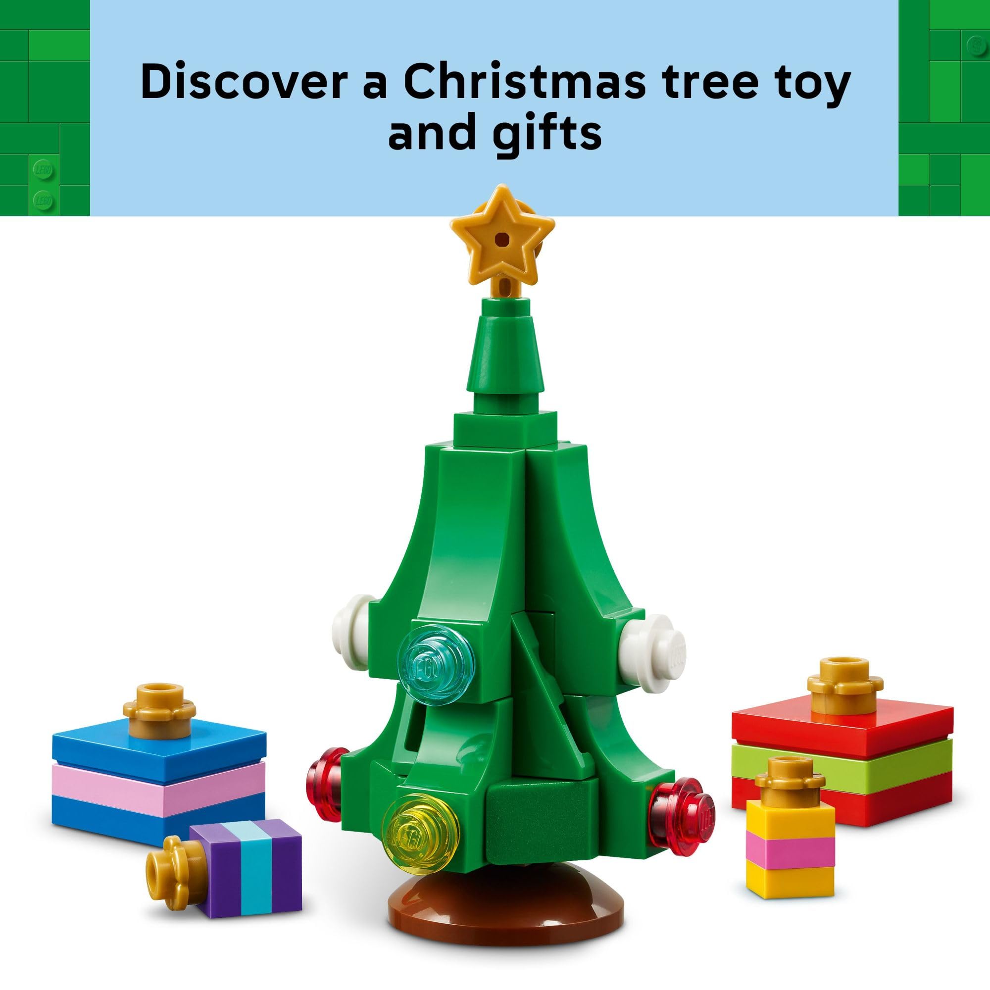 LEGO Santa's Delivery Truck roof with mini Christmas tree adds seasonal charm.