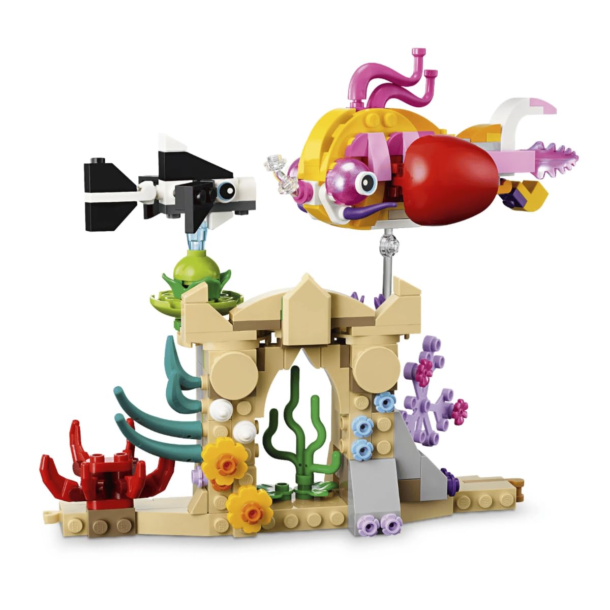 LEGO Sea Animals transparent rods let kids reposition fish for varied displays.