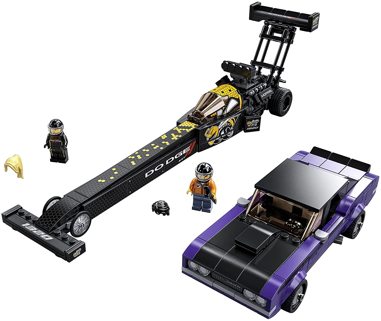 LEGO Speed Champions 1970 Dodge Challenger TA shown for an authentic retro racer display.