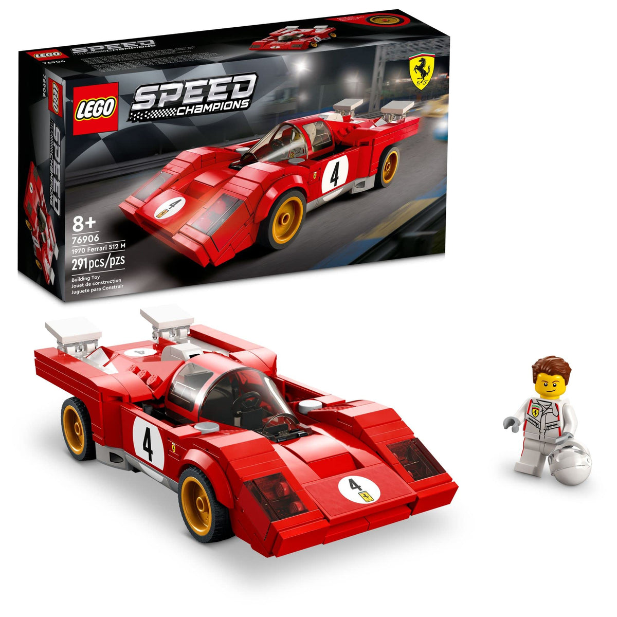 LEGO Speed Champions 1970 Ferrari 512 M front view highlights authentic detailing for display.