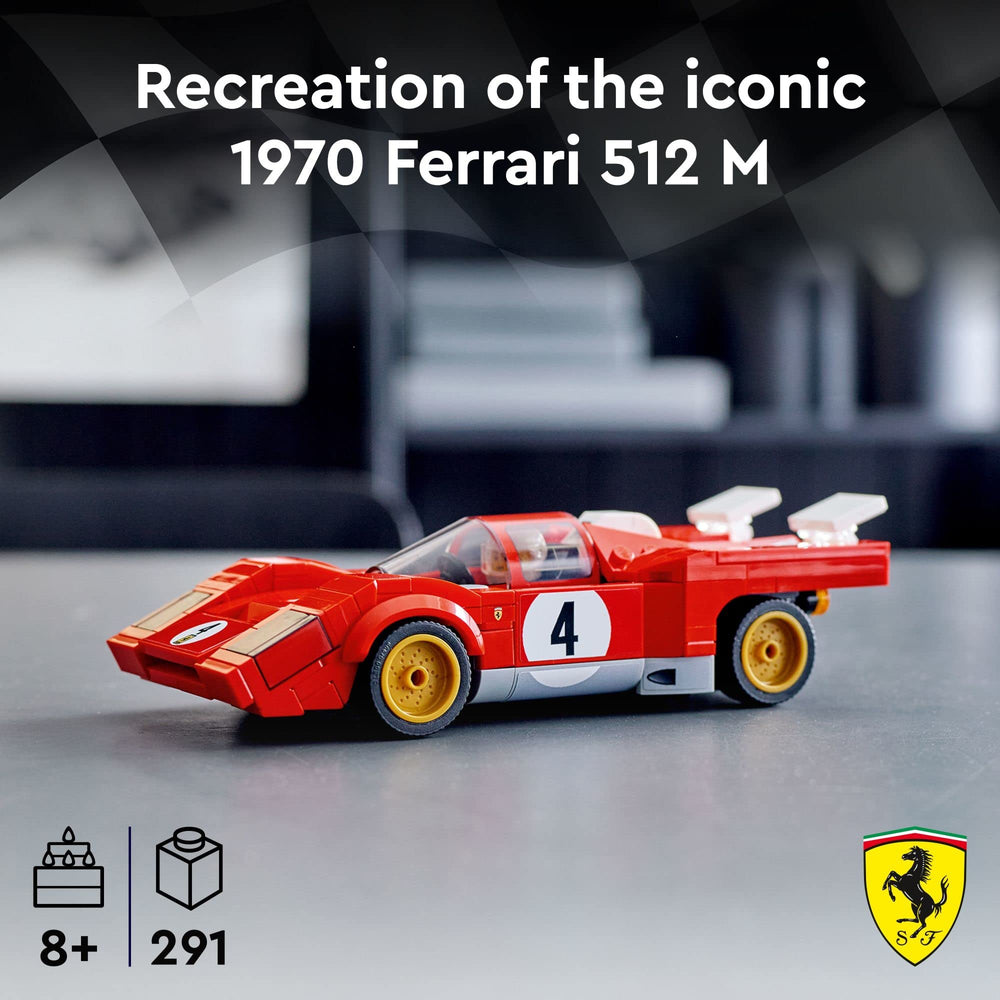 LEGO Speed Champions 1970 Ferrari 512 M side view emphasizes true scale and sleek profile.