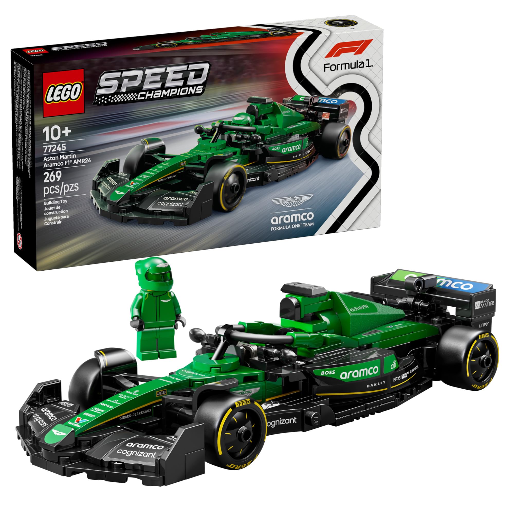LEGO Speed Champions Aston Martin Aramco F1 AMR24 cockpit detail for immersive racing play