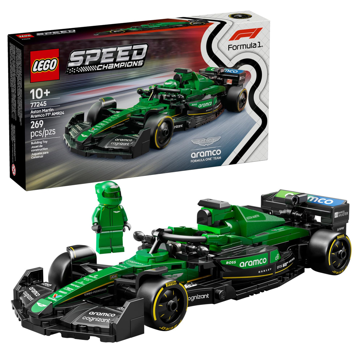 LEGO Speed Champions Aston Martin Aramco F1 AMR24 cockpit detail for immersive racing play