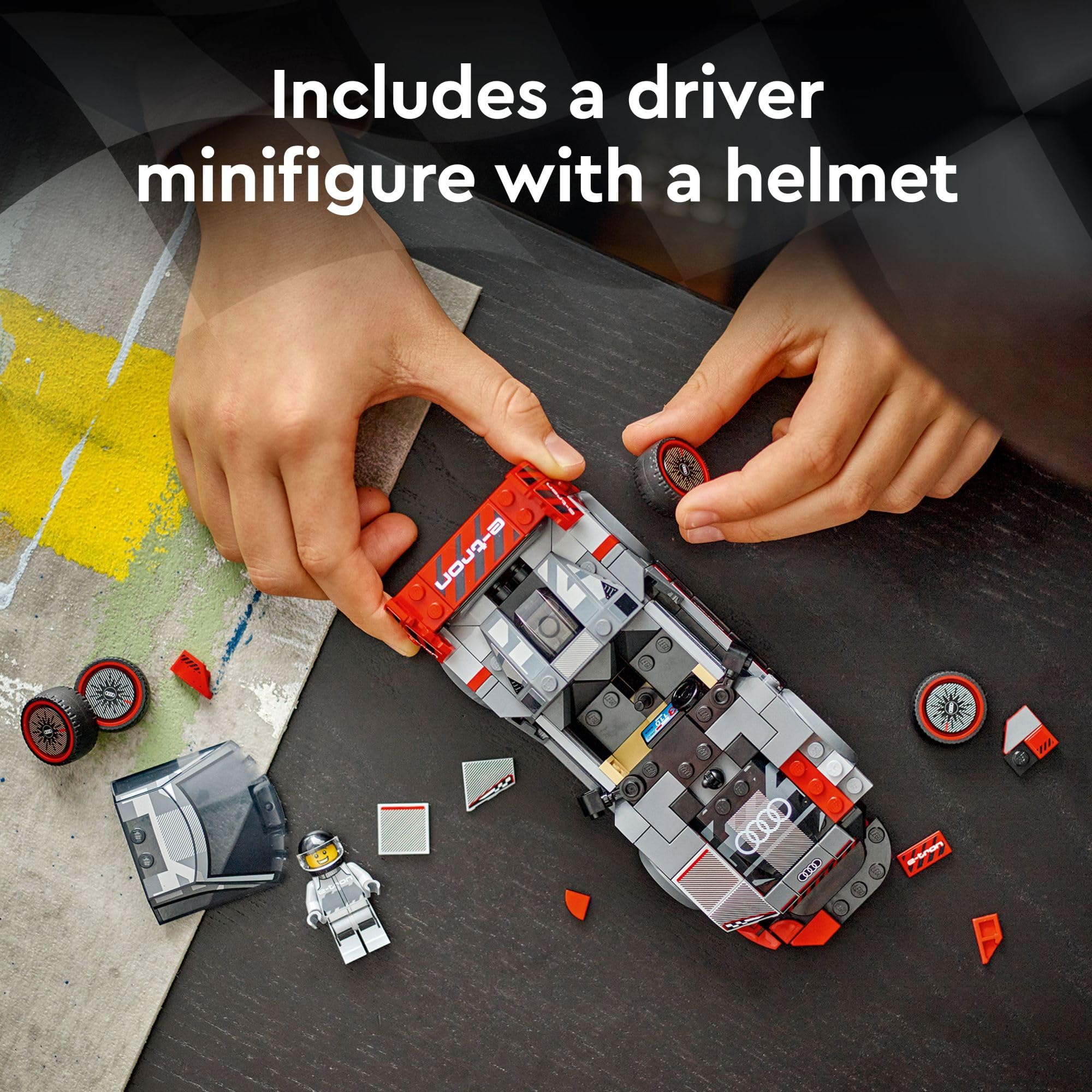 LEGO Speed Champions Audi S1 e-tron quattro race car display model for collectors and fans.