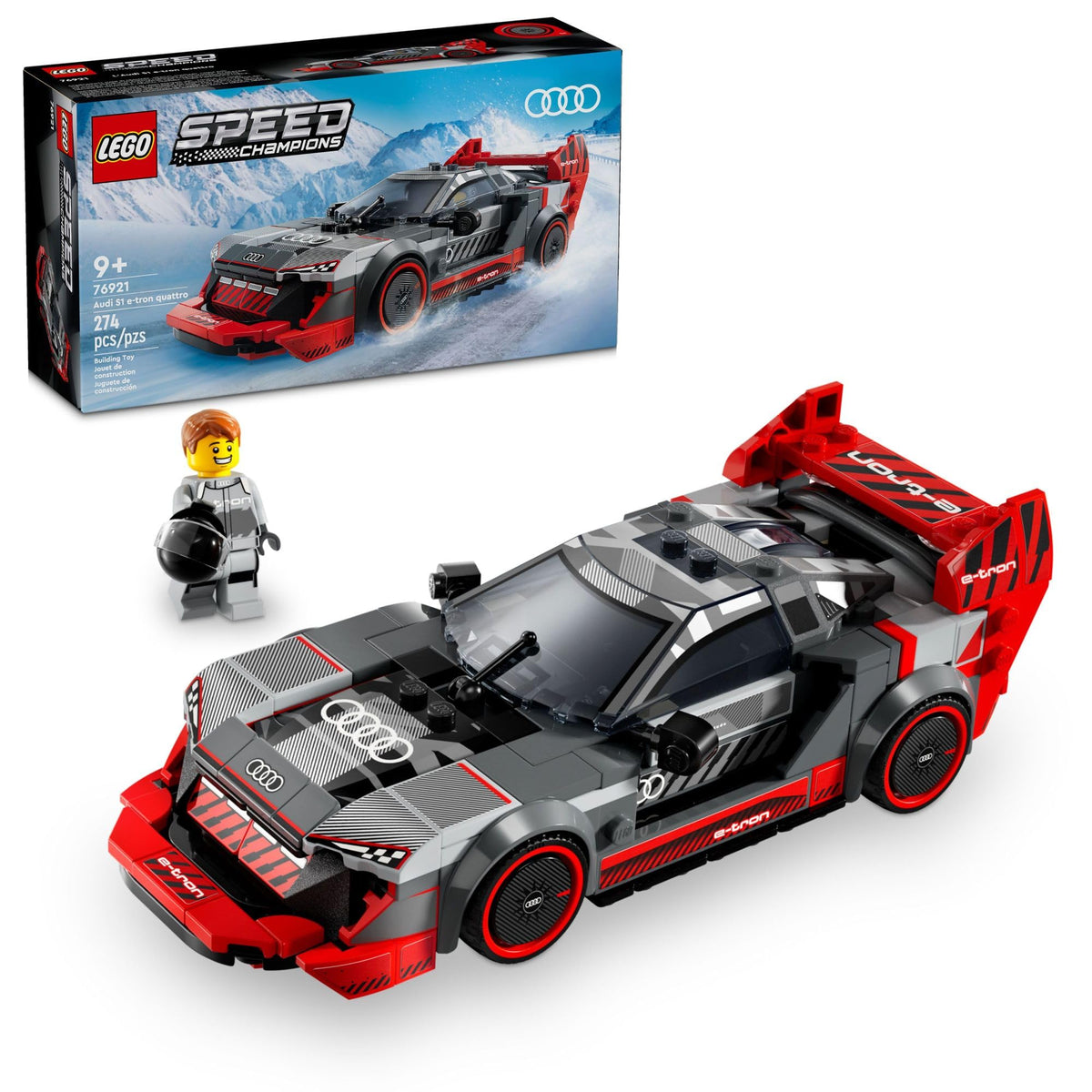 LEGO Speed Champions Audi S1 e-tron quattro race car front splitter detail for realistic display and play.