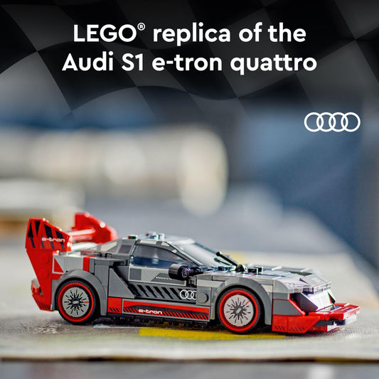 LEGO Speed Champions Audi S1 e-tron quattro race car rear wing detail for dramatic shelf display.