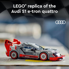 LEGO Speed Champions Audi S1 e-tron quattro race car rear wing detail for dramatic shelf display.