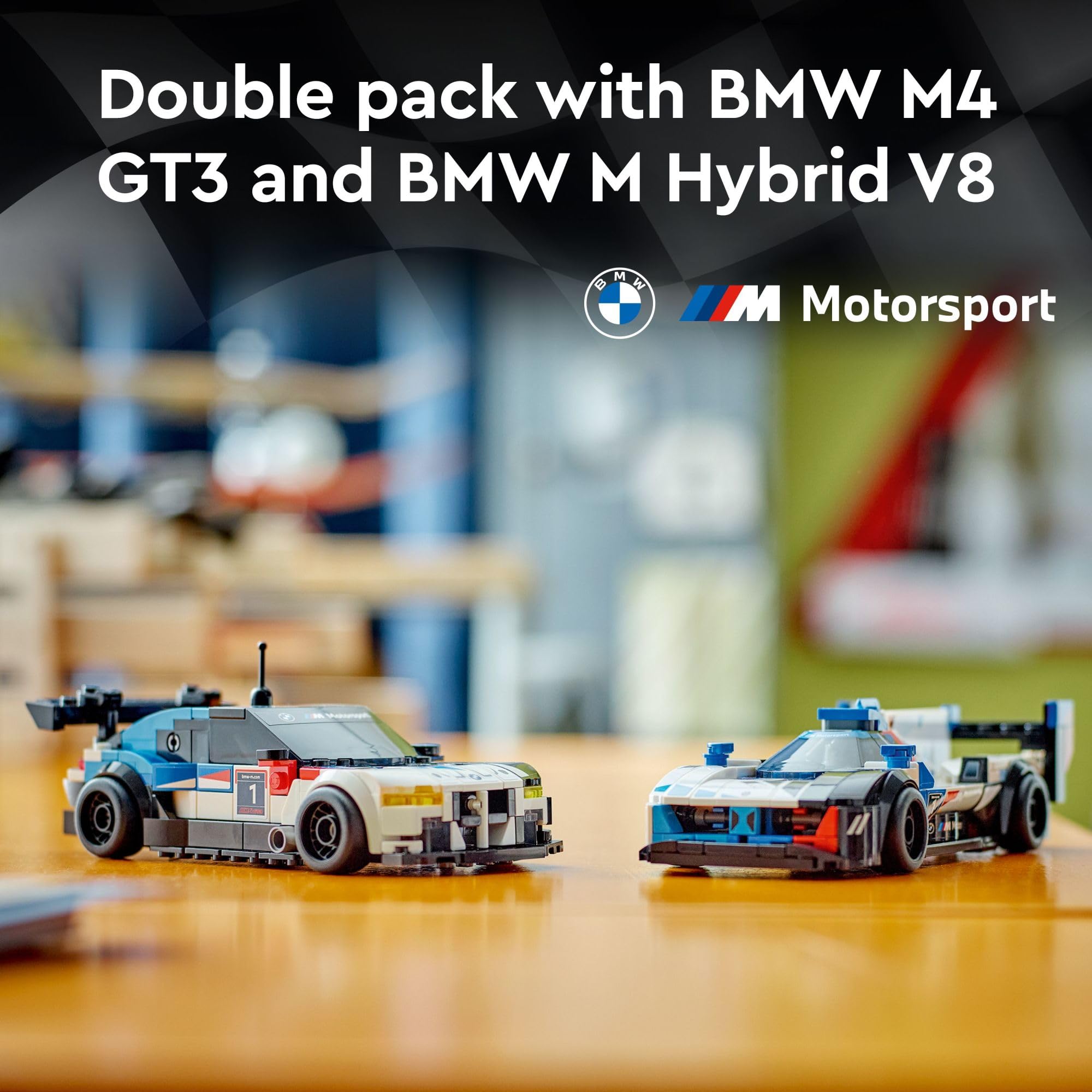 LEGO Speed Champions BMW M Hybrid V8 model with removable roof for dynamic racing action.