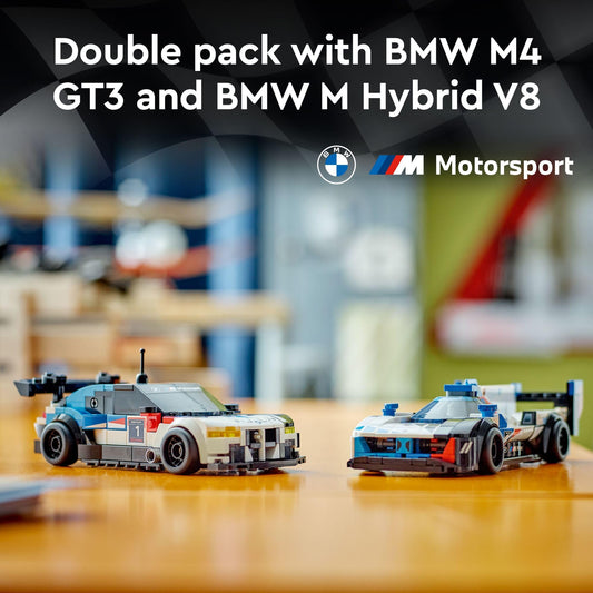 LEGO Speed Champions BMW M Hybrid V8 model with removable roof for dynamic racing action.