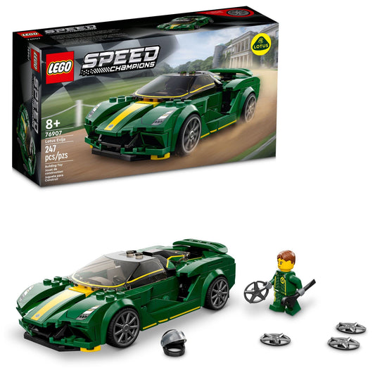 LEGO Speed Champions Lotus Evija 76907 front view highlights authentic aero detailing for display and play.