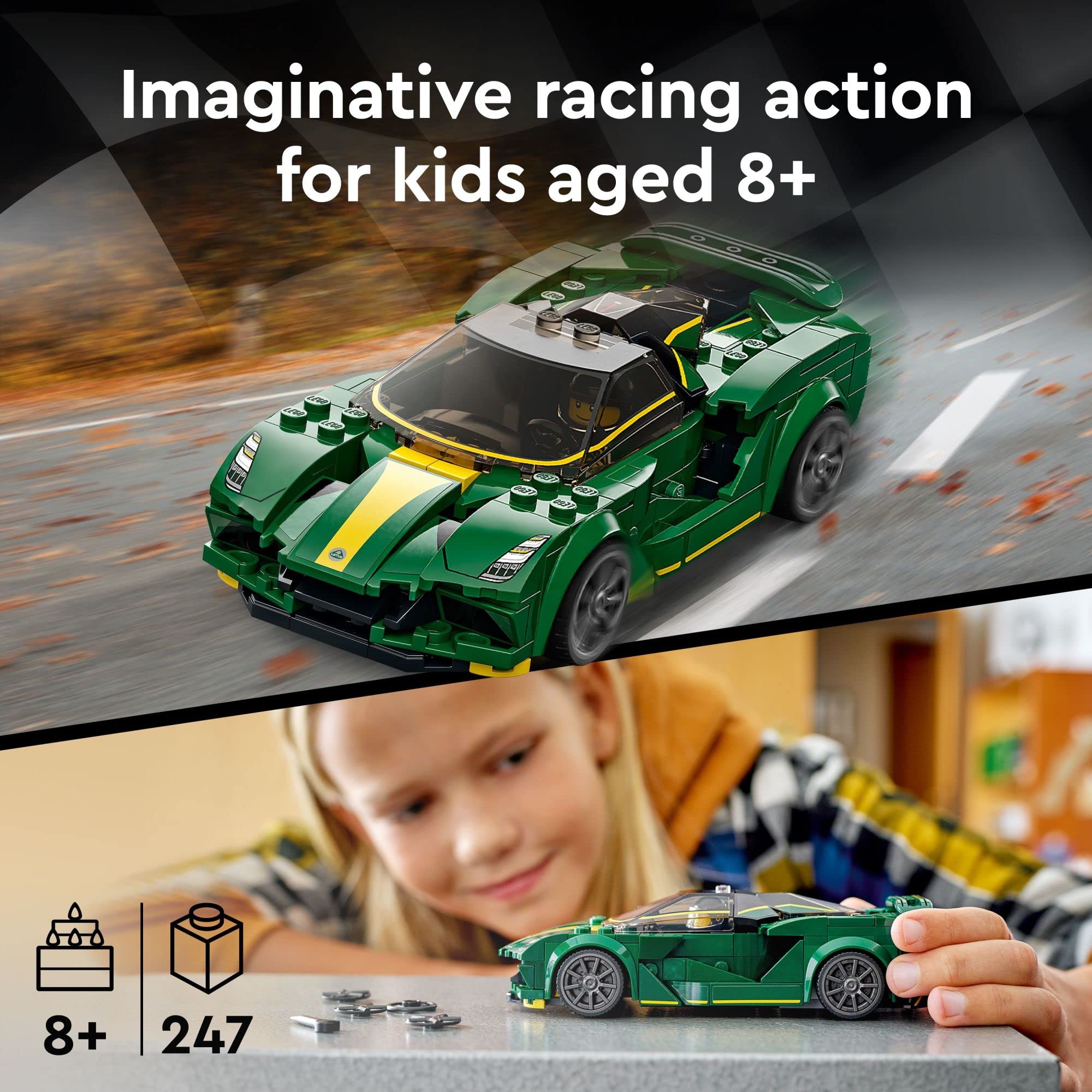 LEGO Speed Champions Lotus Evija 76907 side profile emphasizes compact length for portable fun.