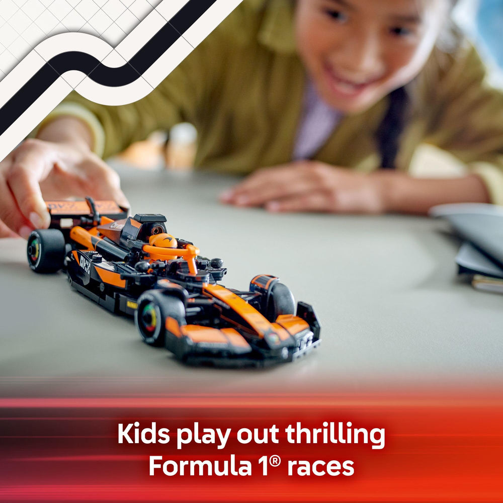 LEGO Speed Champions MCL38 rear wing detail captures precise F1 styling.