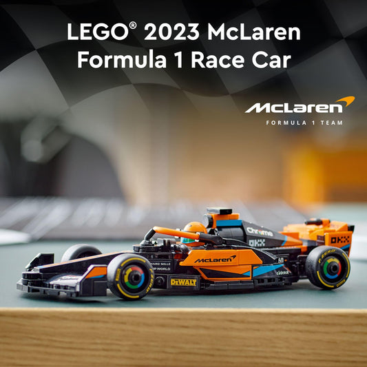 LEGO Speed Champions McLaren 2023 front view shows racing details and bold colors
