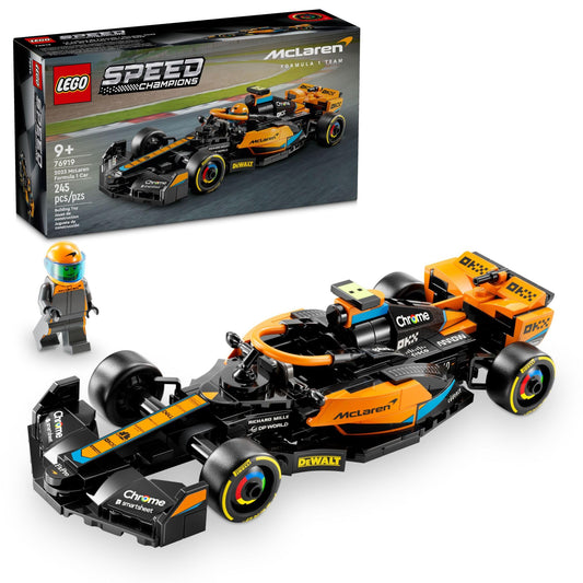 LEGO Speed Champions McLaren 2023 side view highlights authentic livery for display and play