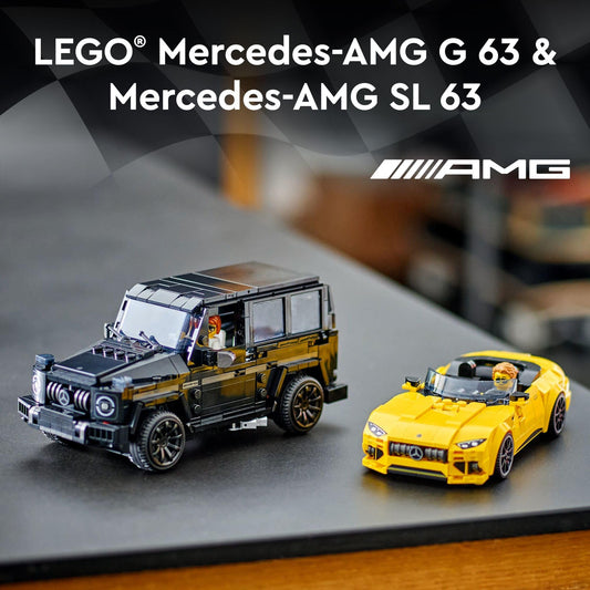 LEGO Speed Champions Mercedes-AMG SL 63 side profile shows sleek yellow body for dynamic display.