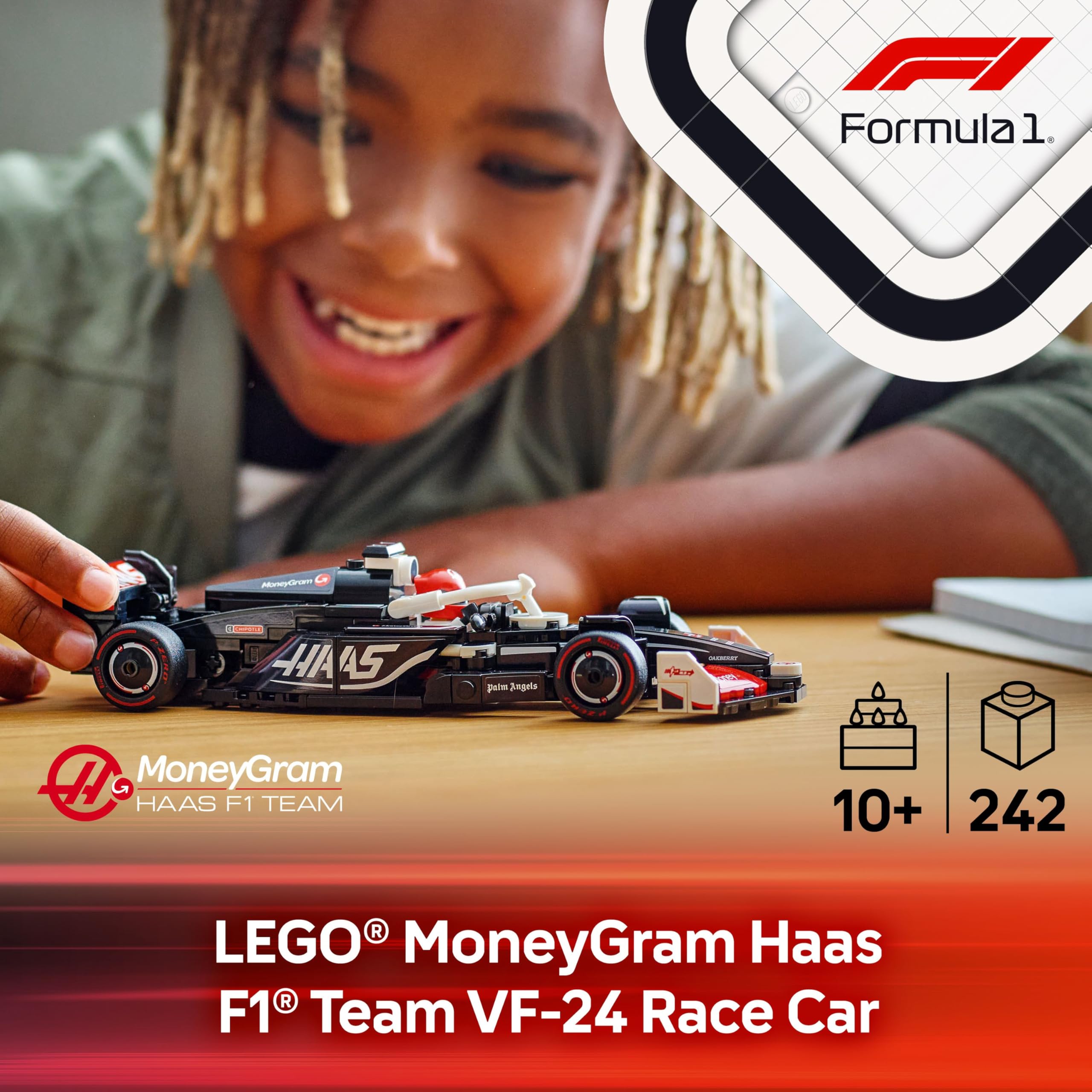 LEGO Speed Champions MoneyGram Haas VF-24 cockpit view for immersive building and racing stories.