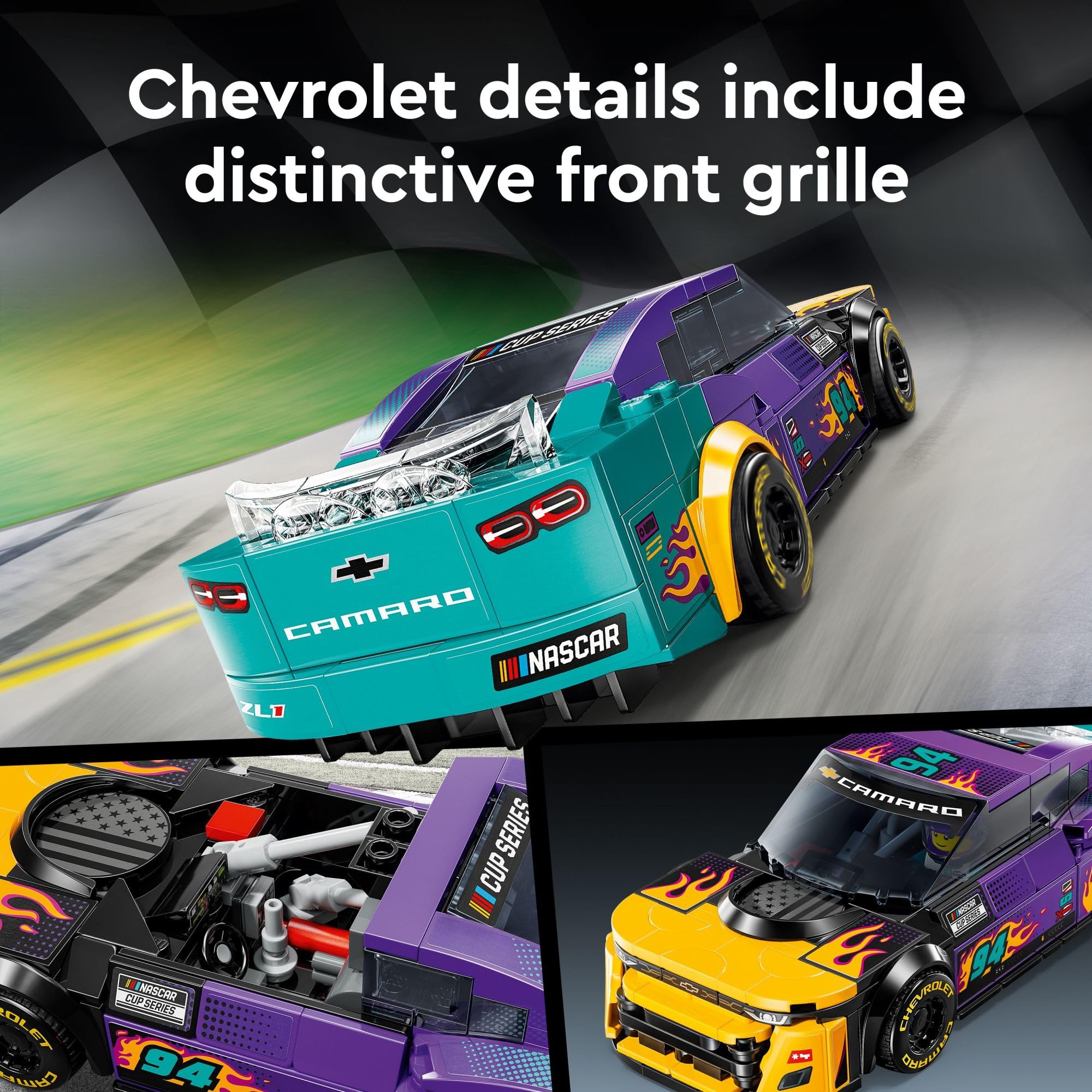 LEGO Speed Champions Camaro ZL1 wheels enable smooth push-and-go action.