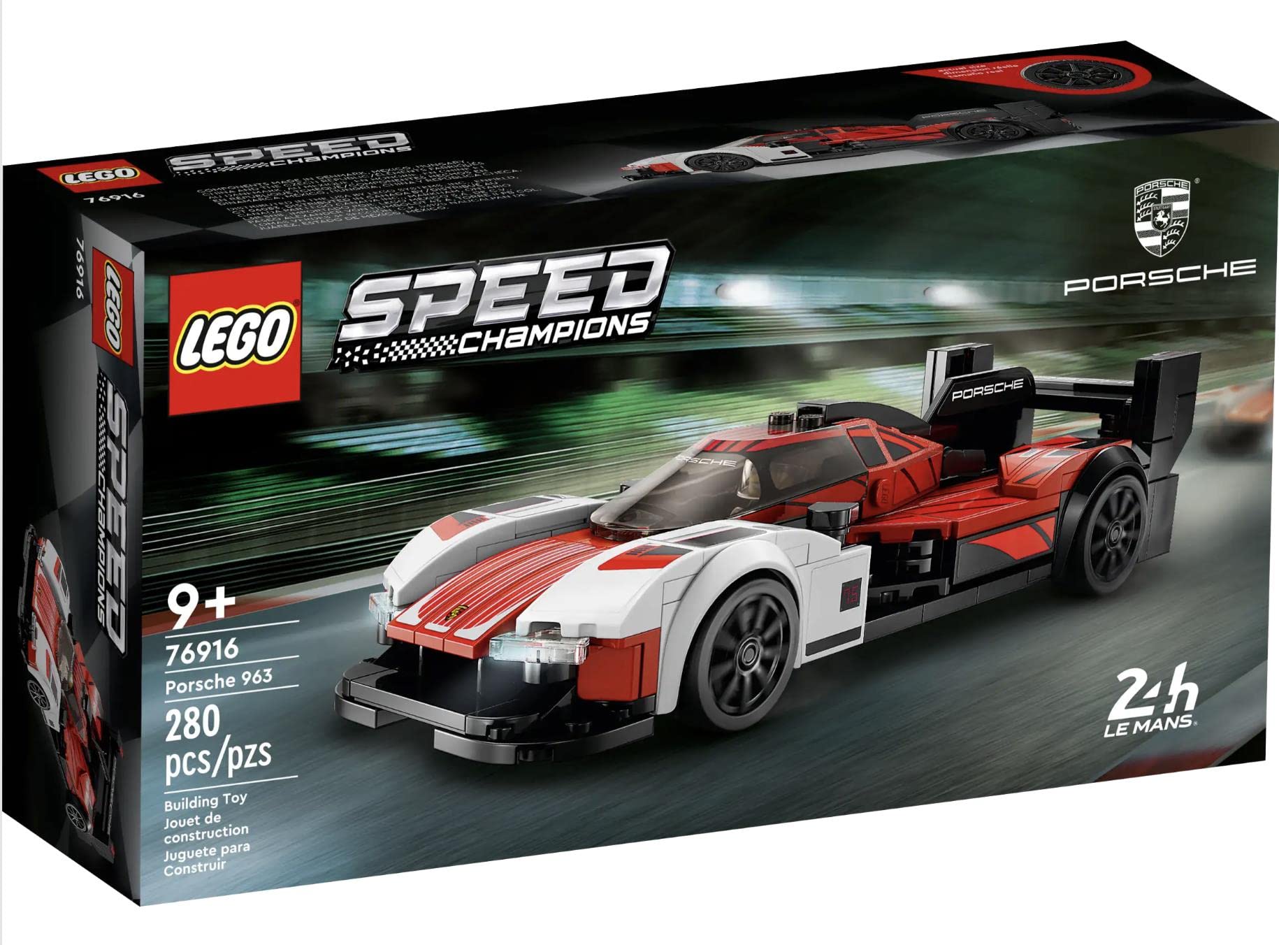LEGO Speed Champions Porsche 963 76916 front view showing bold racing livery for display