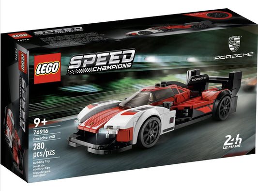 LEGO Speed Champions Porsche 963 76916 front view showing bold racing livery for display