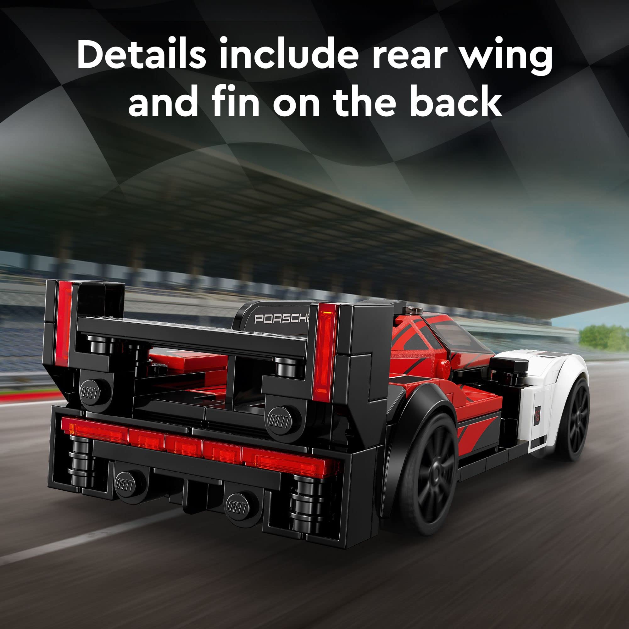 LEGO Speed Champions Porsche 963 livery detail in red, black, white