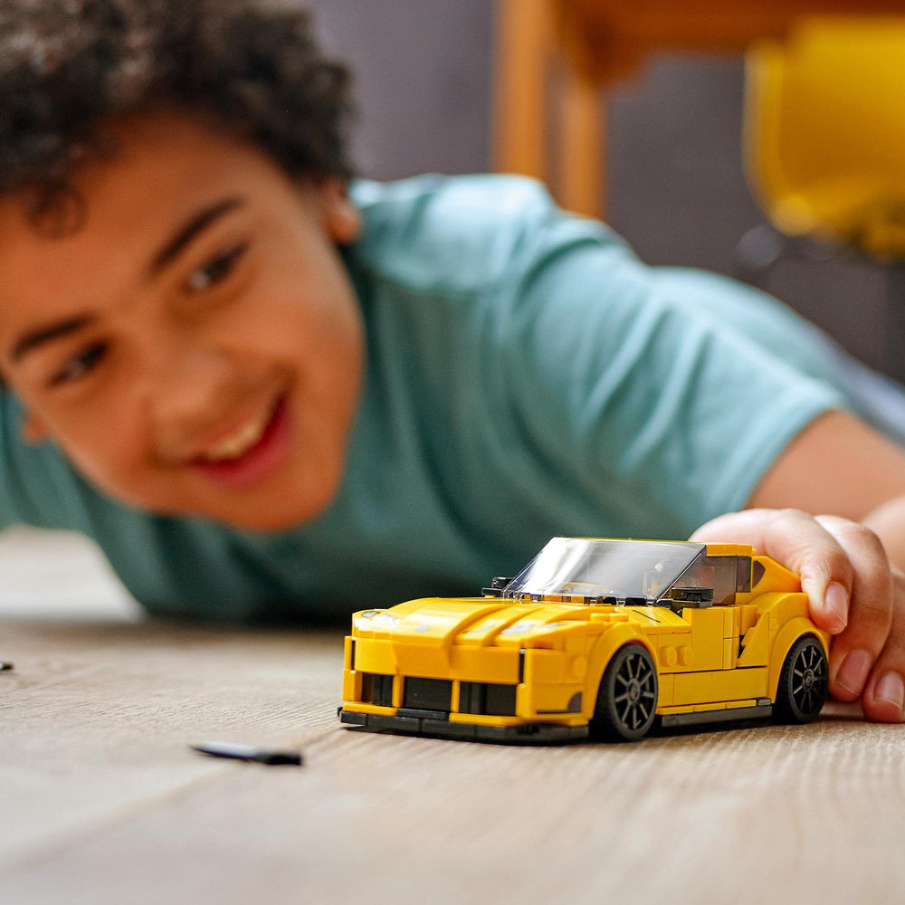 LEGO Speed Champions Toyota GR Supra chassis detail underscores authentic mechanical look.