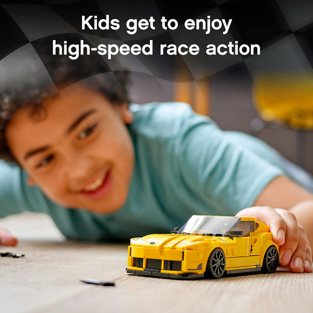 LEGO Speed Champions Toyota GR Supra display model supports collectible shelf decor.