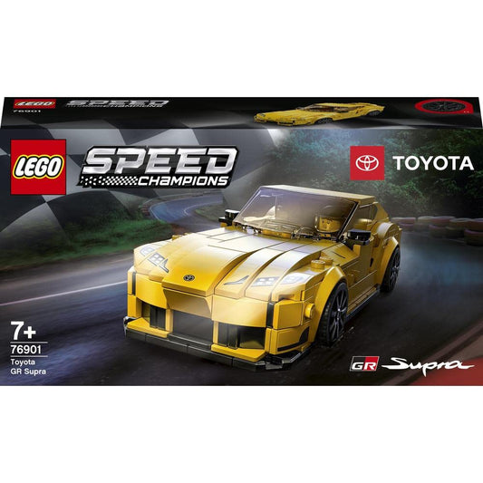 LEGO Speed Champions Toyota GR Supra front view shows bold racing style for play.