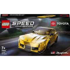 LEGO Speed Champions Toyota GR Supra front view shows bold racing style for play.