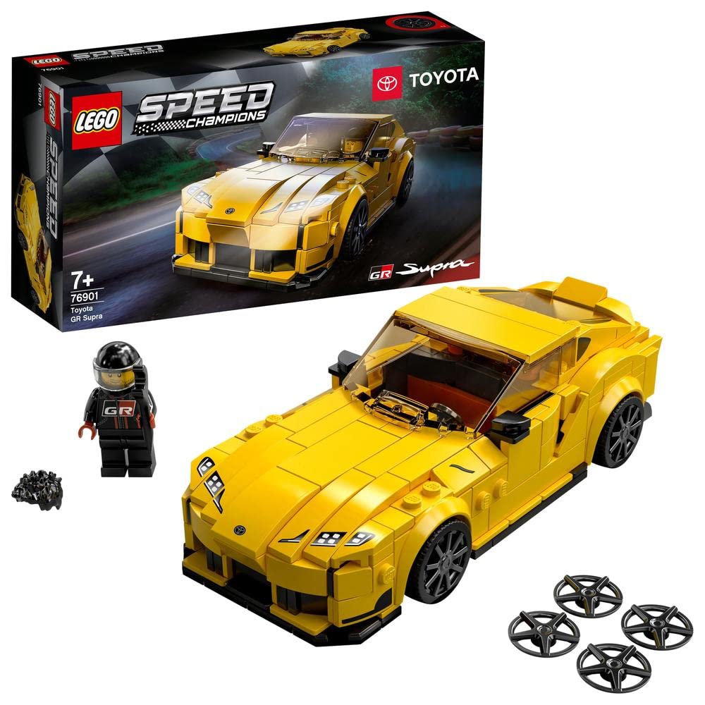 LEGO Speed Champions Toyota GR Supra side view highlights authentic detailing for display.