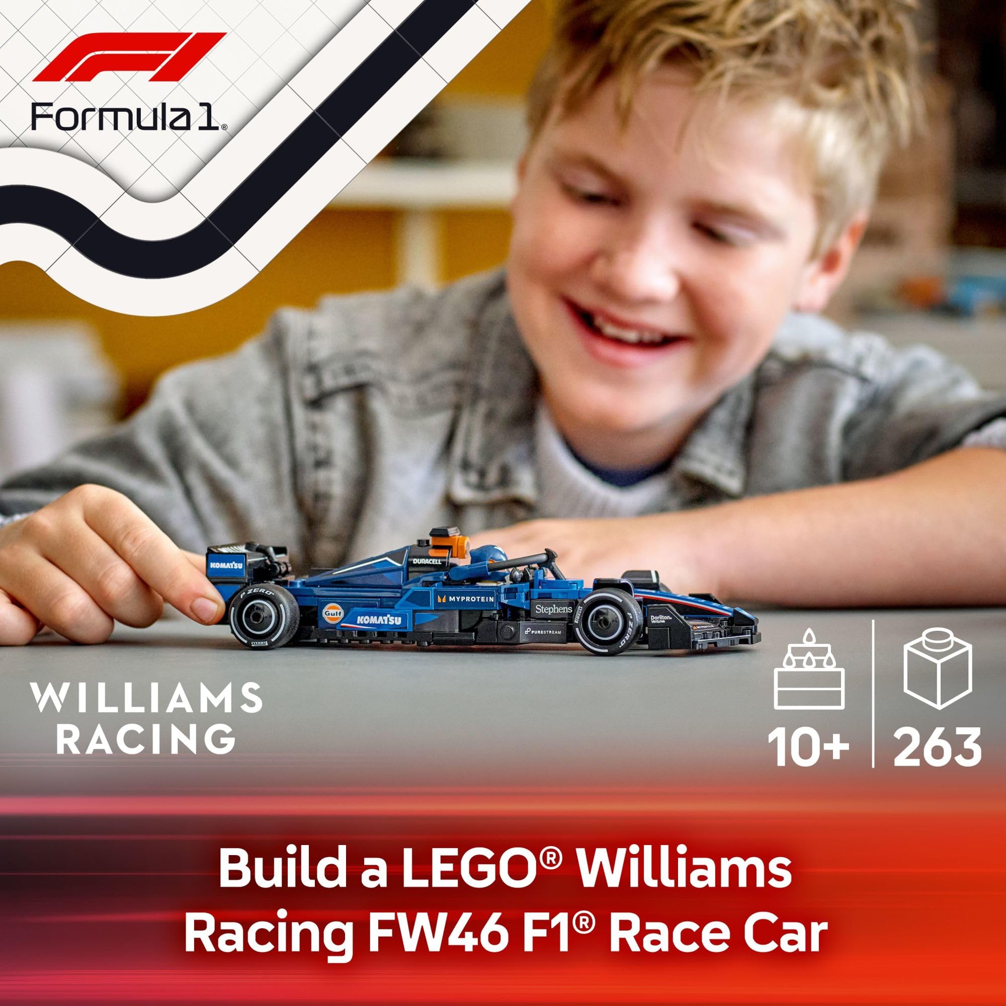 LEGO Speed Champions Williams FW46 cockpit detail with openable halo for immersive racing action