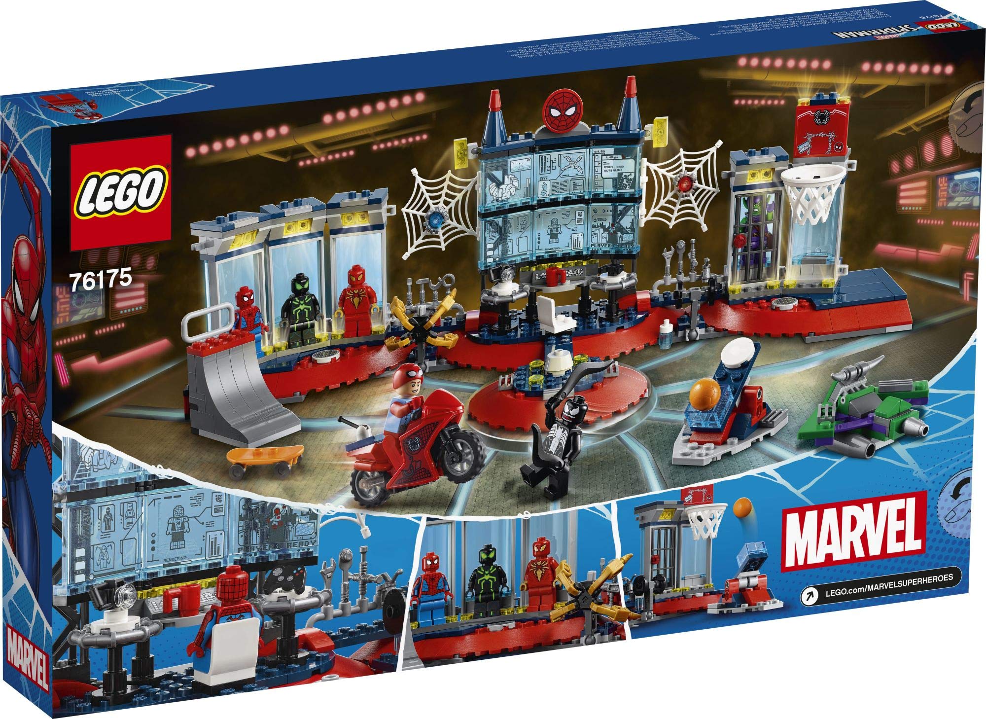 LEGO Spider-Man Attack on the Spider Lair—basketball hoop and skateboard ramp for dynamic setups.
