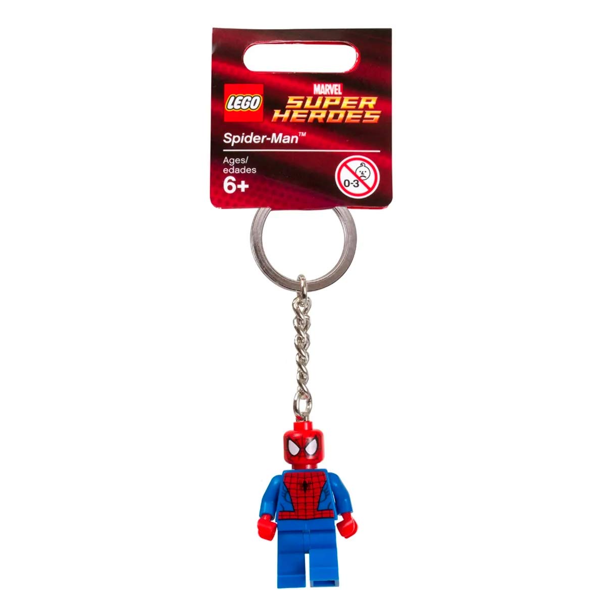 LEGO Spider-Man key chain close-up shows texture and durable clip for daily use