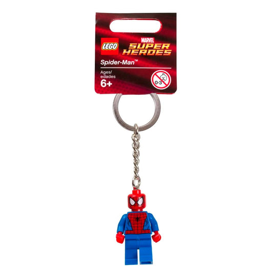 LEGO Spider-Man key chain close-up shows texture and durable clip for daily use