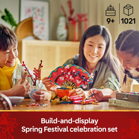 LEGO Spring Festival Good Fortune magpies above blossoms decorate shelves with cultural symbolism
