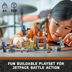 LEGO Mandalorian jetpack action with minifigure supports dynamic, airborne play.