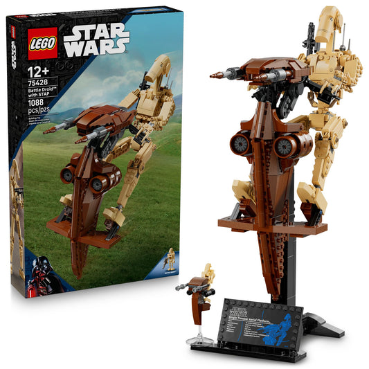 LEGO Star Wars Battle Droid on STAP assembly for immersive display.