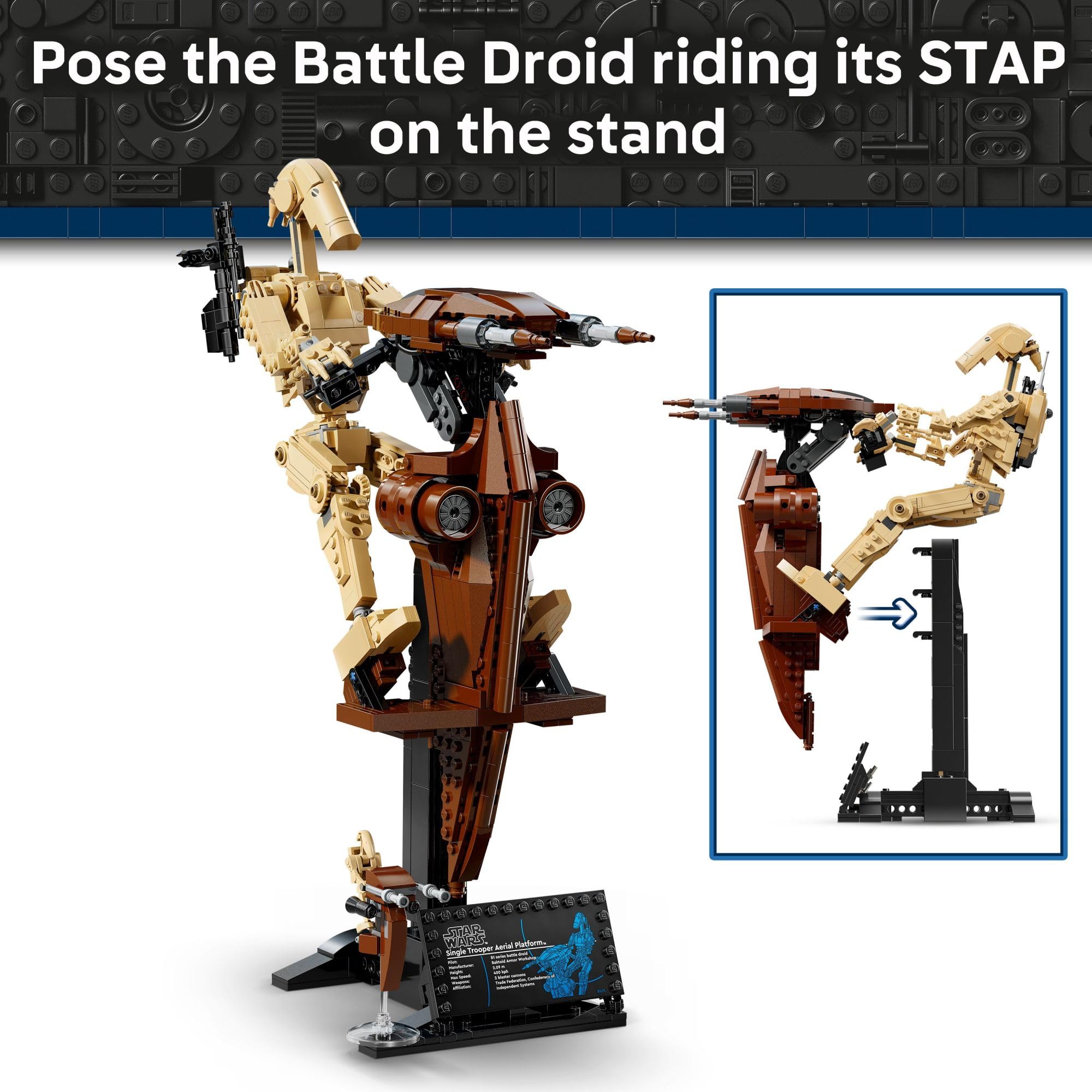 LEGO Star Wars Battle Droid on display stand with plaque.