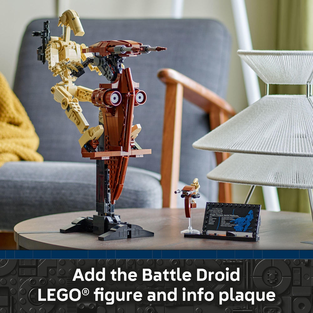 LEGO Star Wars Battle Droid on stand for desk display.