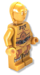 LEGO C-3PO chest print close-up highlights iconic design for fans.