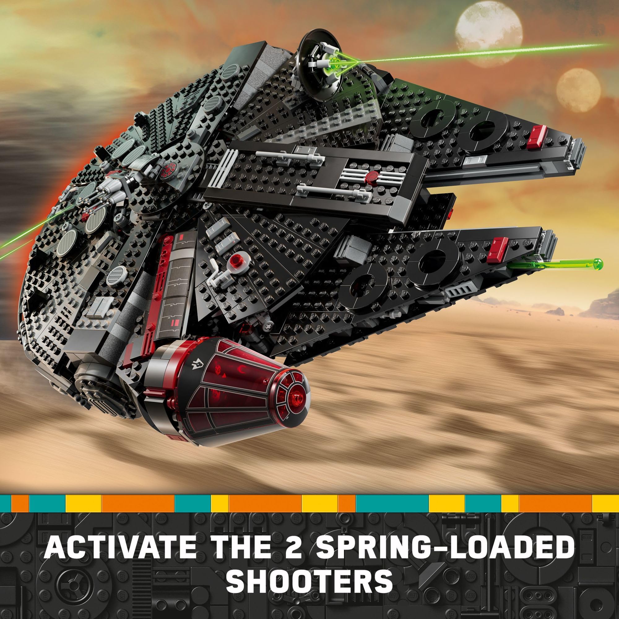 LEGO Star Wars Dark Falcon features spring-loaded shooters for dynamic battle play.