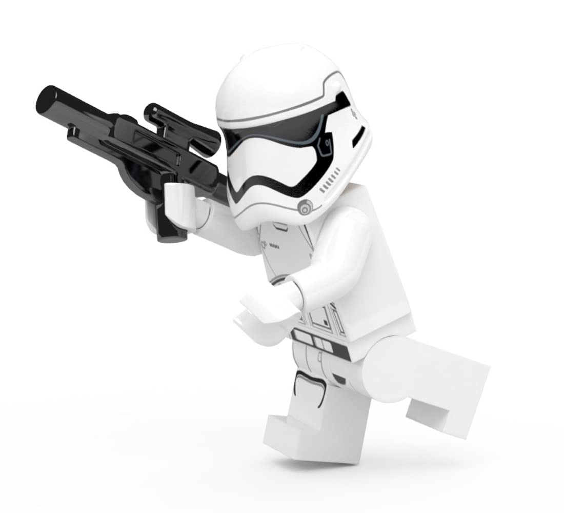 LEGO Star Wars First Order Stormtrooper with blaster gun close-up highlighting detailing.