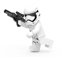 LEGO Star Wars First Order Stormtrooper with blaster gun close-up highlighting detailing.