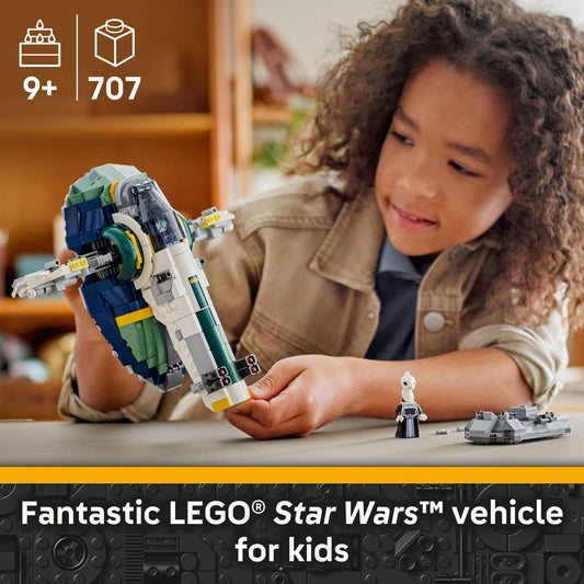 LEGO Star Wars Jango Fett's Starship wings rotate for dynamic flight action.