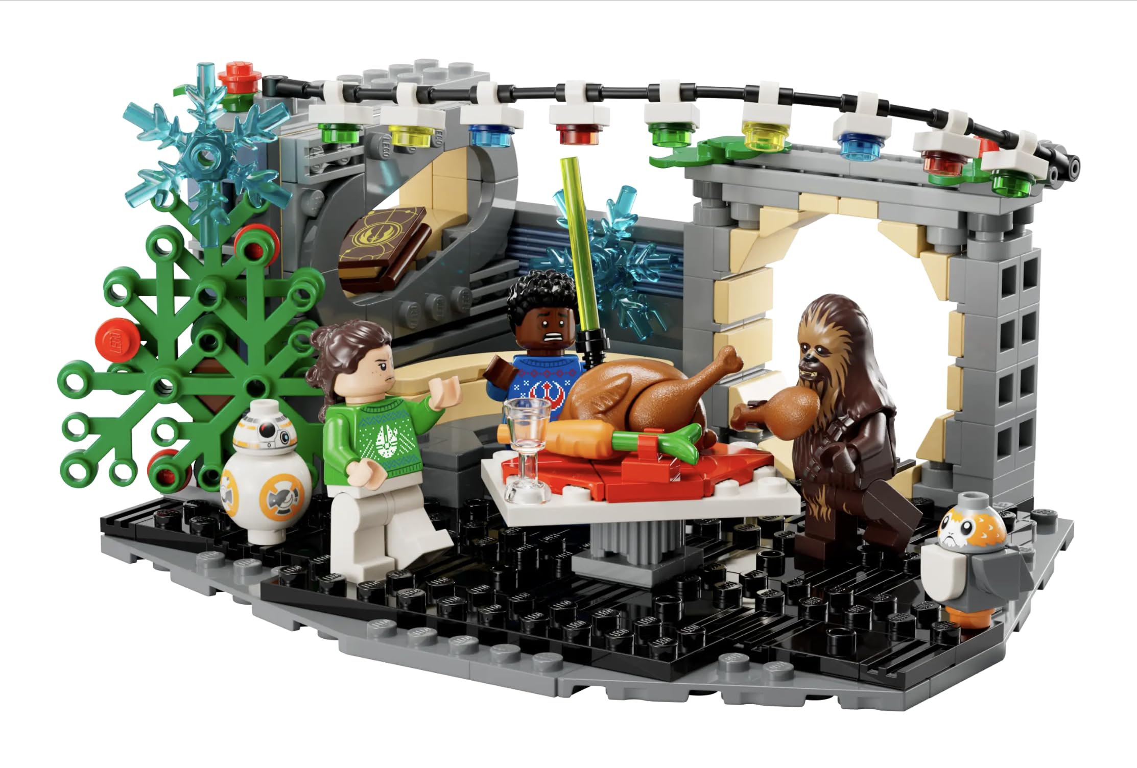 LEGO Star Wars Millennium Falcon Holiday Diorama lounge area with festive lights for imaginative play